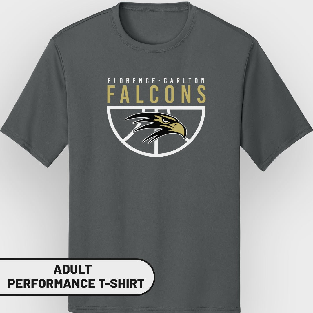 Gray adult performance t-shirt with Florence-Carlton Falcons logo and text.
