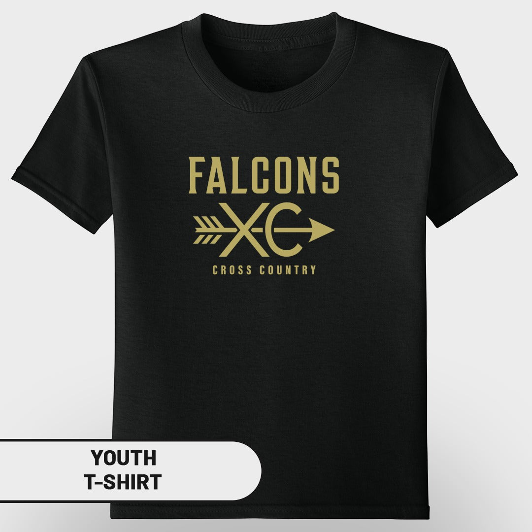 Black youth t-shirt with gold "FALCONS XC CROSS COUNTRY" graphic.