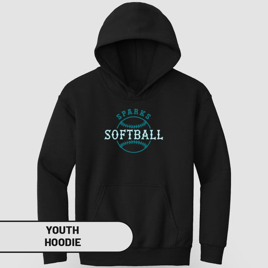 Black youth hoodie with "SPARKS SOFTBALL" text and graphic.
