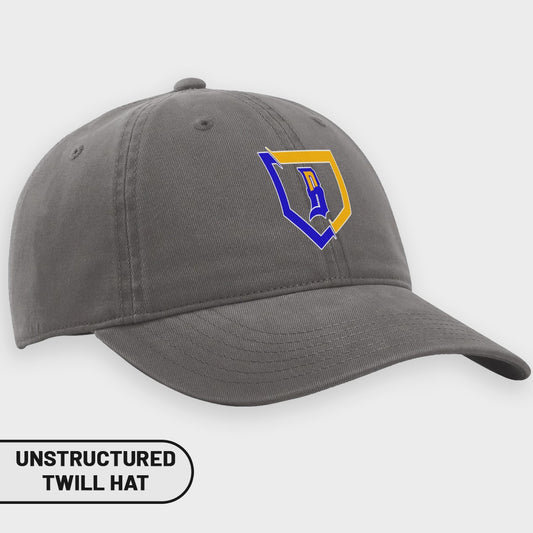 Gray unstructured twill hat with blue and yellow shield logo.