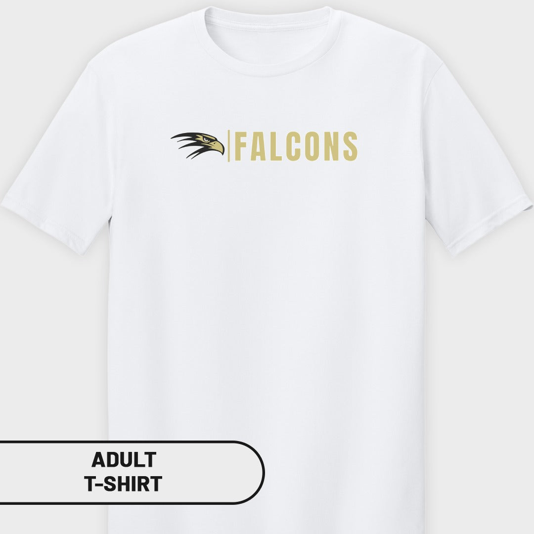 White t-shirt with gold "Falcons" text and eagle logo.