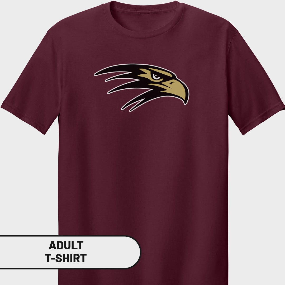 Maroon adult t-shirt with gold and black eagle head logo and text.