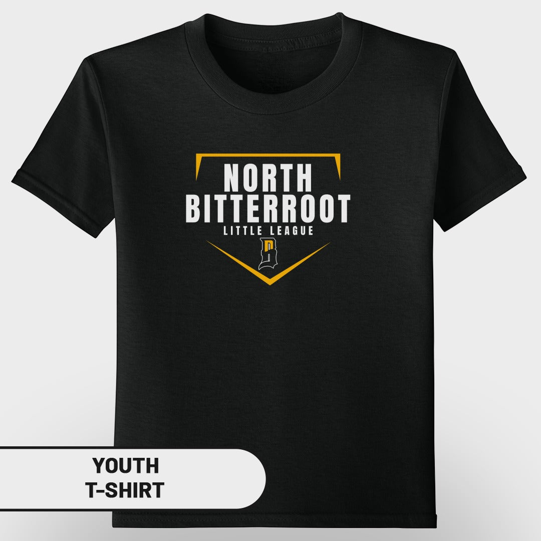 Youth black t-shirt with "North Bitterroot Little League" logo on front.
