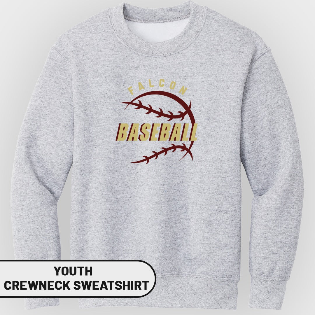 Youth grey crewneck sweatshirt with "Falcon Baseball" graphic and baseball stitch design.