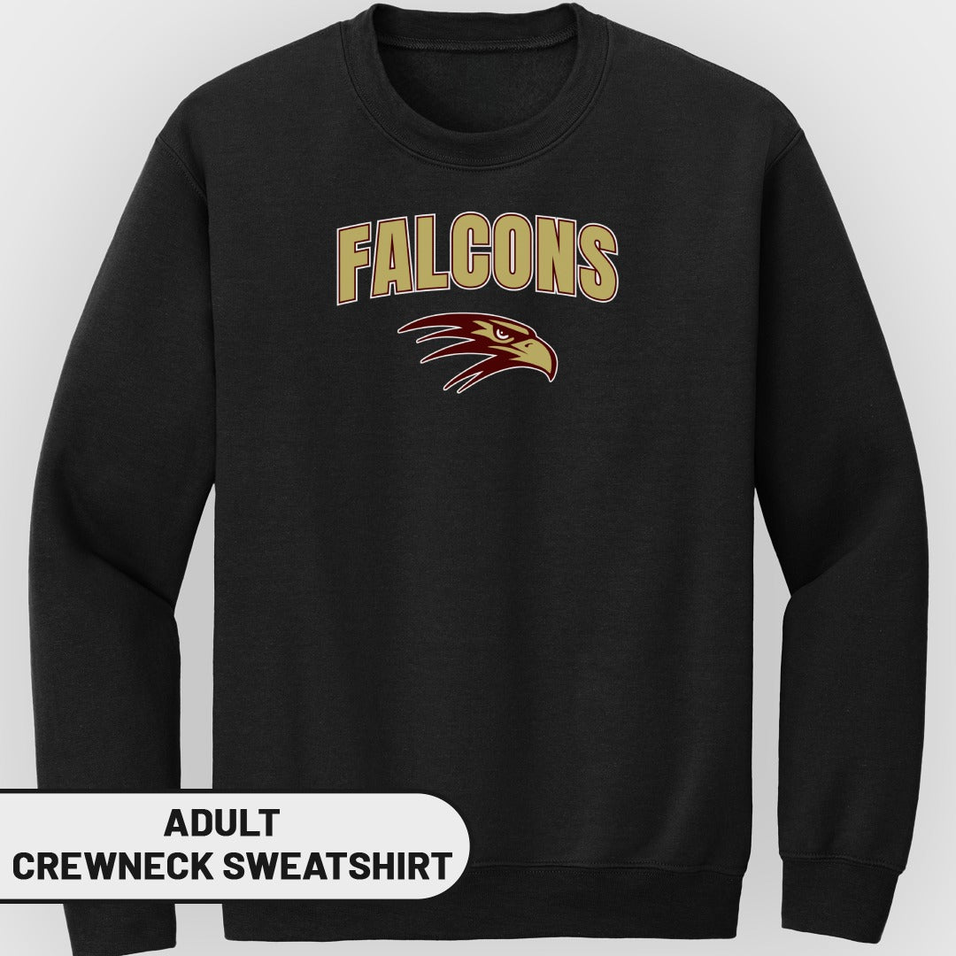 Black adult crewneck sweatshirt with "Falcons" text and eagle graphic.