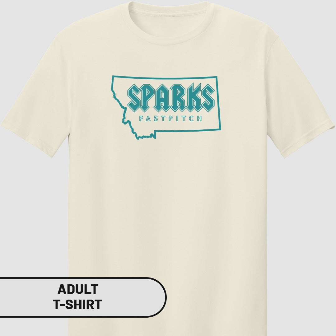Cream t-shirt with "SPARKS FASTPITCH" in teal text within a Montana outline.