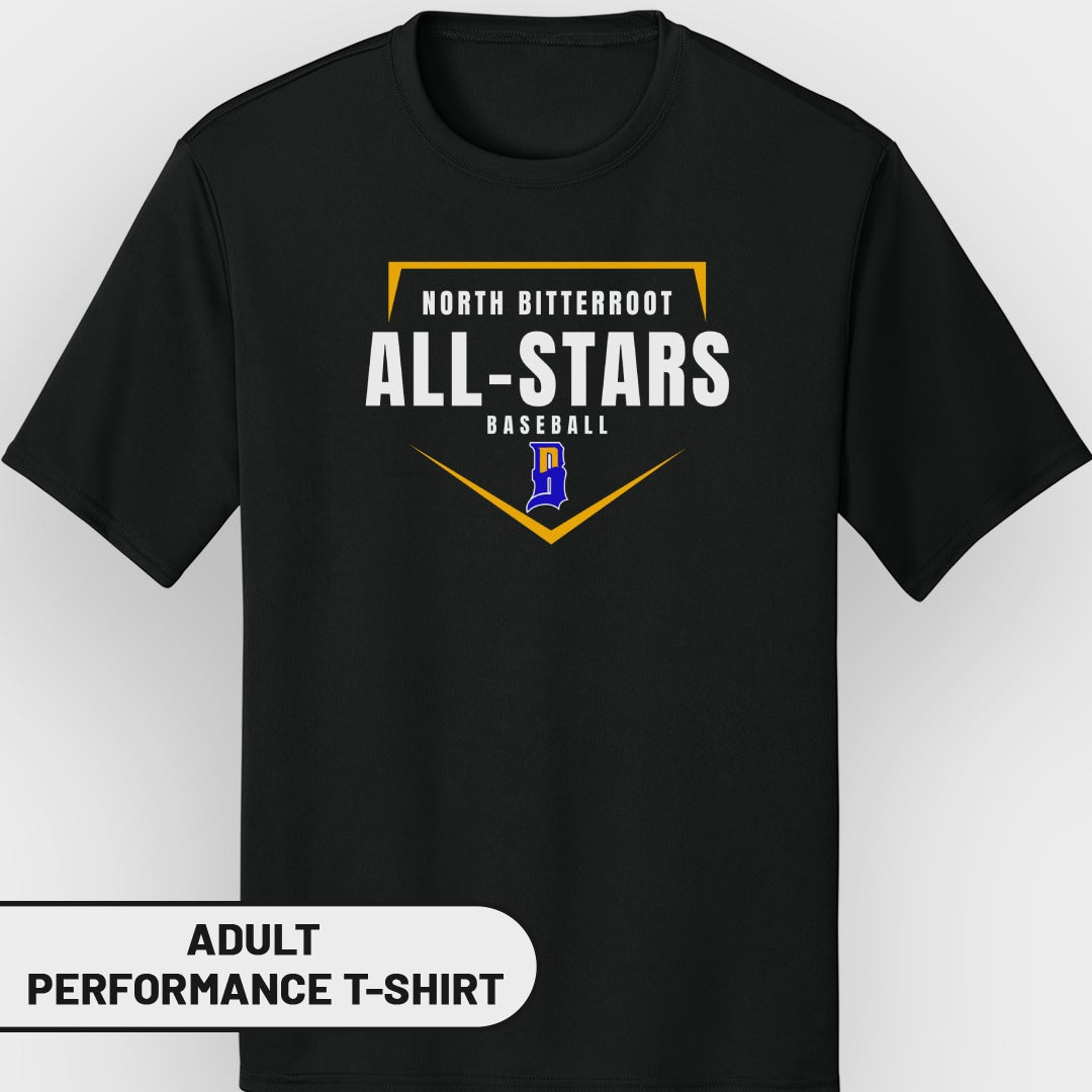 Black t-shirt with "North Bitterroot All-Stars Baseball" and a baseball diamond logo.