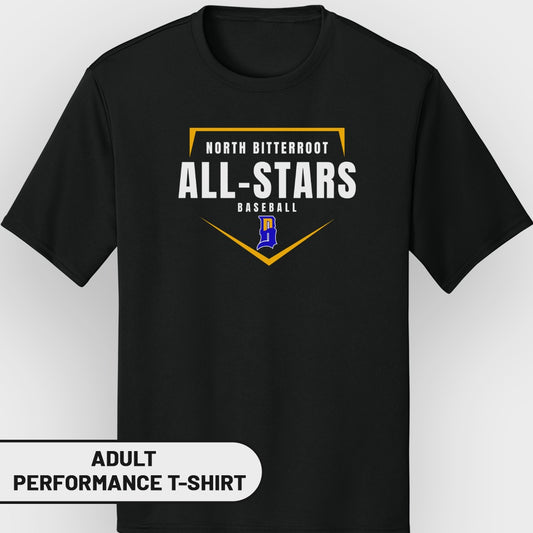 Black t-shirt with "North Bitterroot All-Stars Baseball" and a baseball diamond logo.
