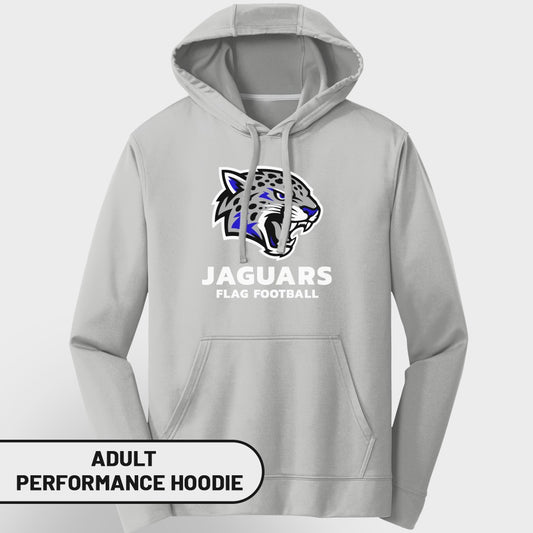 Grey adult performance hoodie with Jaguars flag football logo.