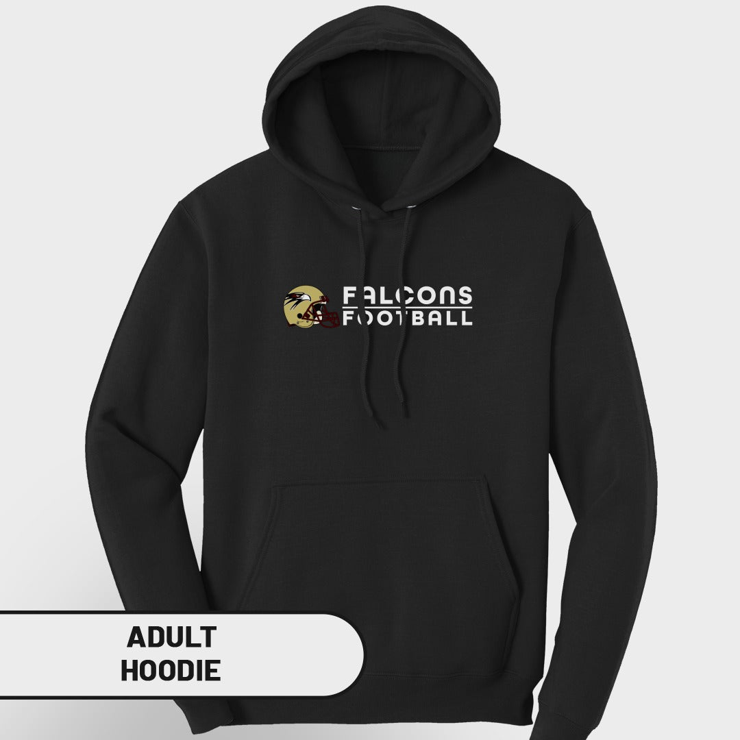Black adult hoodie with "Falcons Football" text and helmet logo.