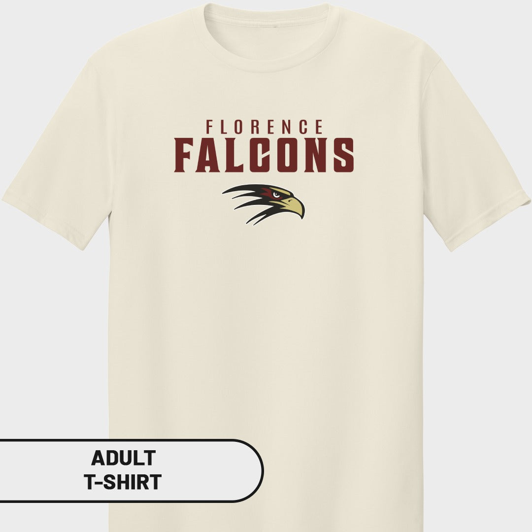Cream adult t-shirt with "Florence Falcons" text and eagle logo.