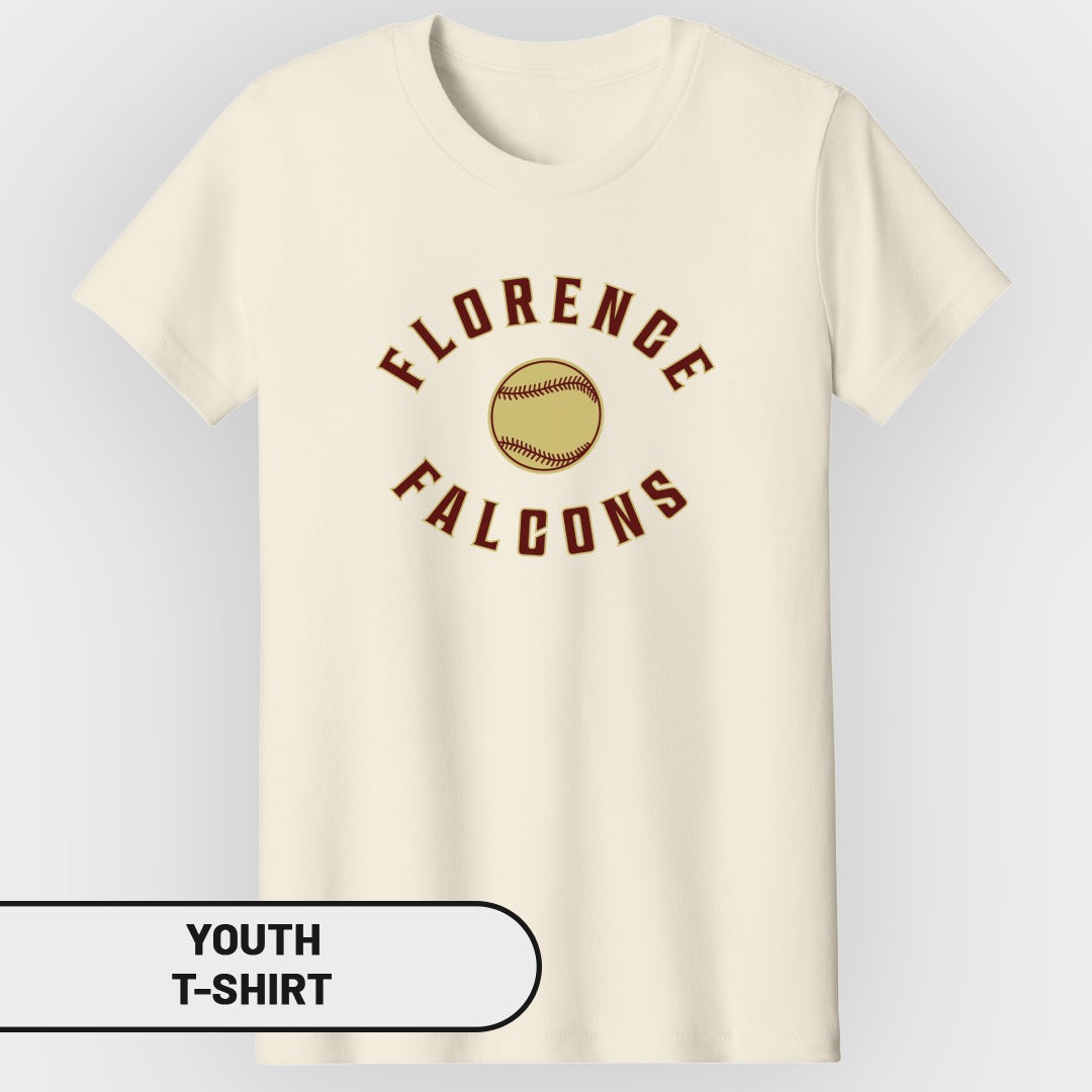 Cream youth t-shirt with "Florence Falcons" text and softball graphic.