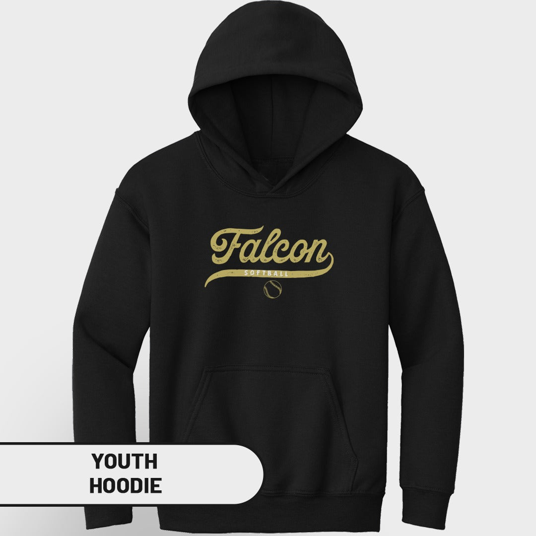 Black youth hoodie with gold "Falcon Softball" graphic and softball icon.