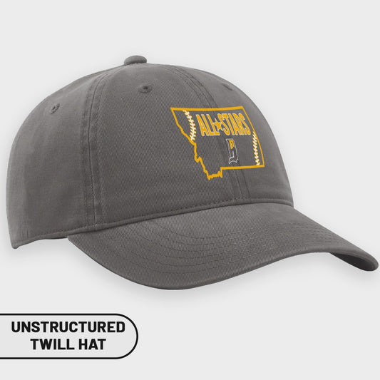 Gray unstructured twill hat with Montana outline and "All-Stars" text logo.