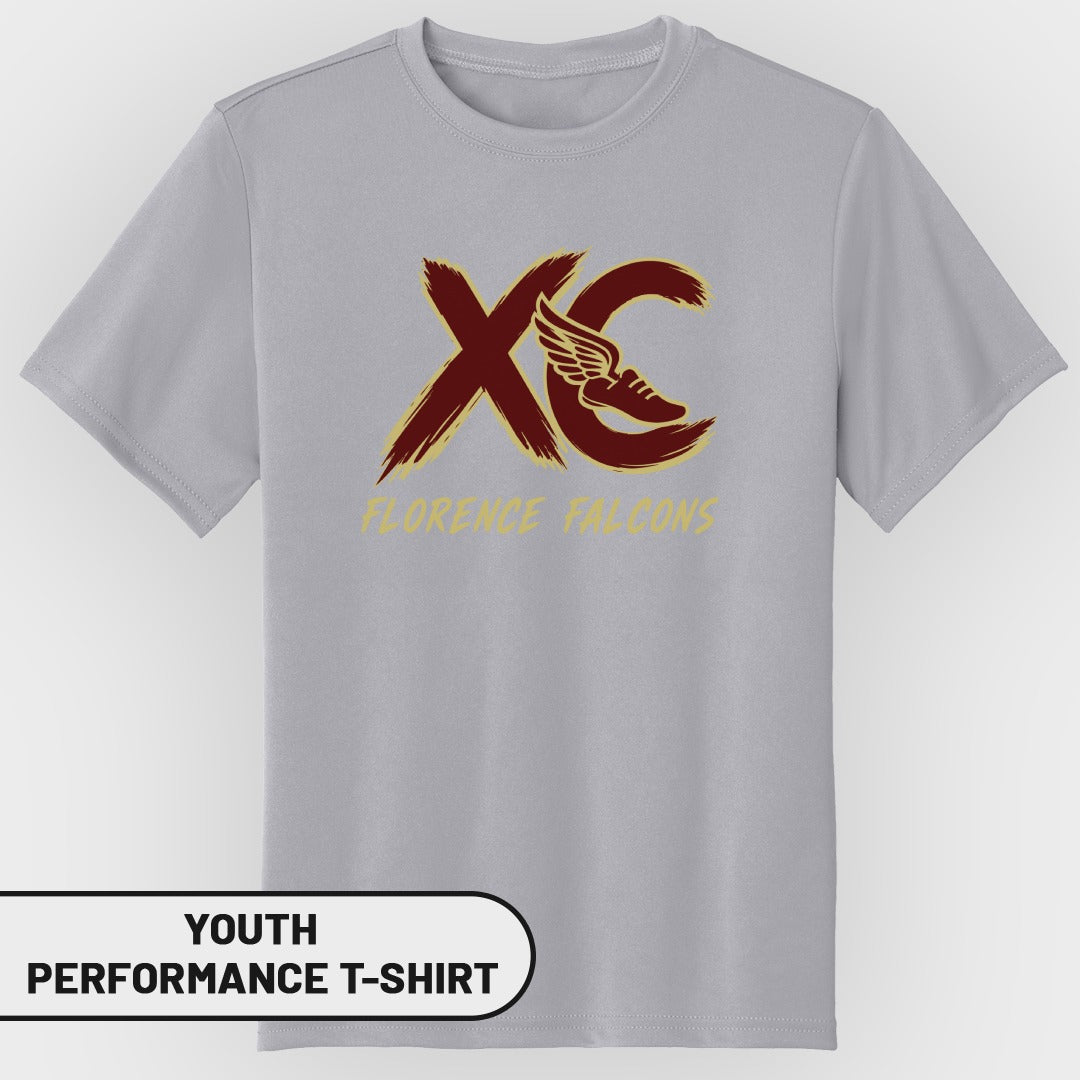 Grey youth performance t-shirt with "XC" logo and "Florence Falcons" text.