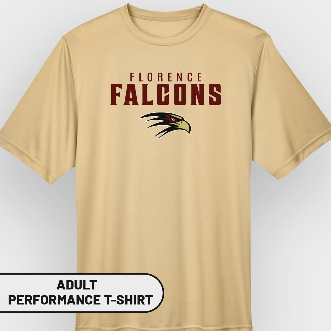 Tan adult performance t-shirt with Florence Falcons logo and text.