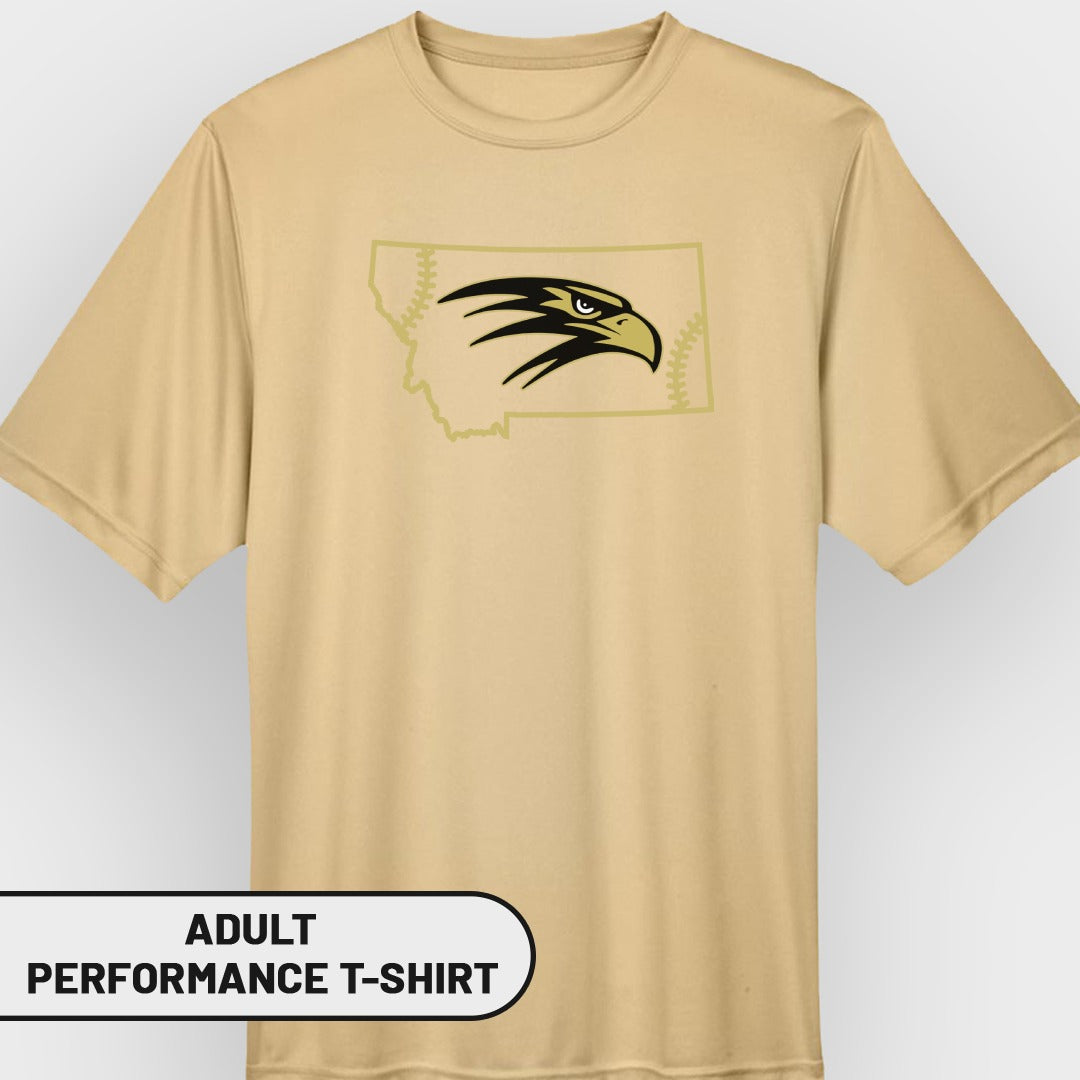 Adult performance t-shirt with Montana outline and eagle graphic.