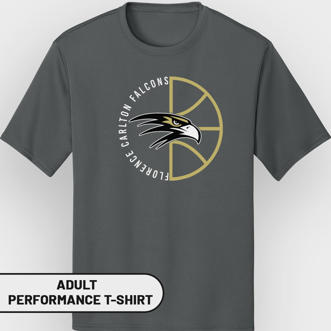 Grey adult performance t-shirt with Carlton Falcons logo and basketball graphic.