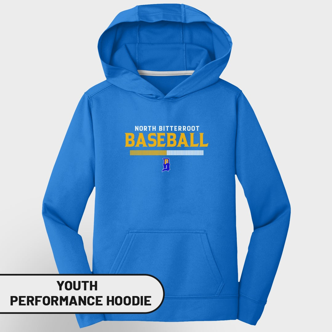Youth North Bitterroot Baseball performance hoodie in blue.