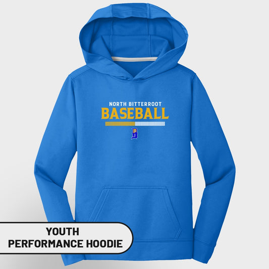 Youth North Bitterroot Baseball performance hoodie in blue.