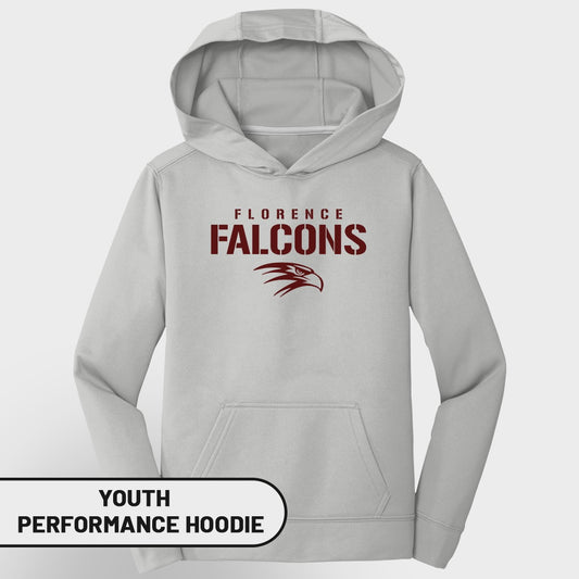 Light gray youth performance hoodie with "Florence Falcons" and falcon logo.