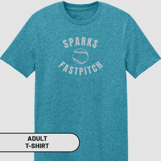 Adult t-shirt with "Sparks Fastpitch" text and baseball graphic.