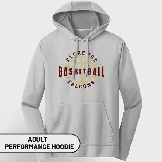 Gray adult performance hoodie with Florence Basketball Falcons logo.