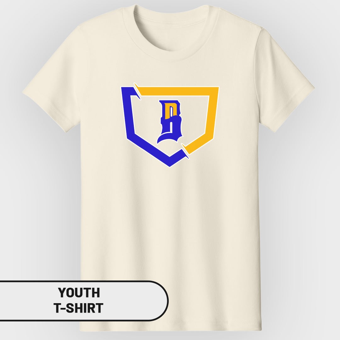 Cream youth t-shirt with blue and yellow shield logo featuring a blue "B".