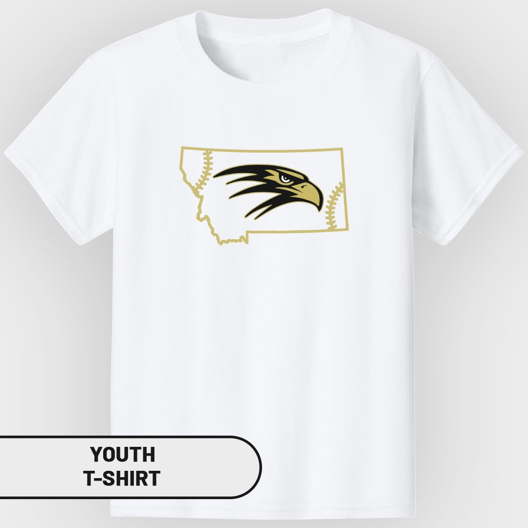 White youth t-shirt with Montana map outline featuring an eagle head and baseball stitching.