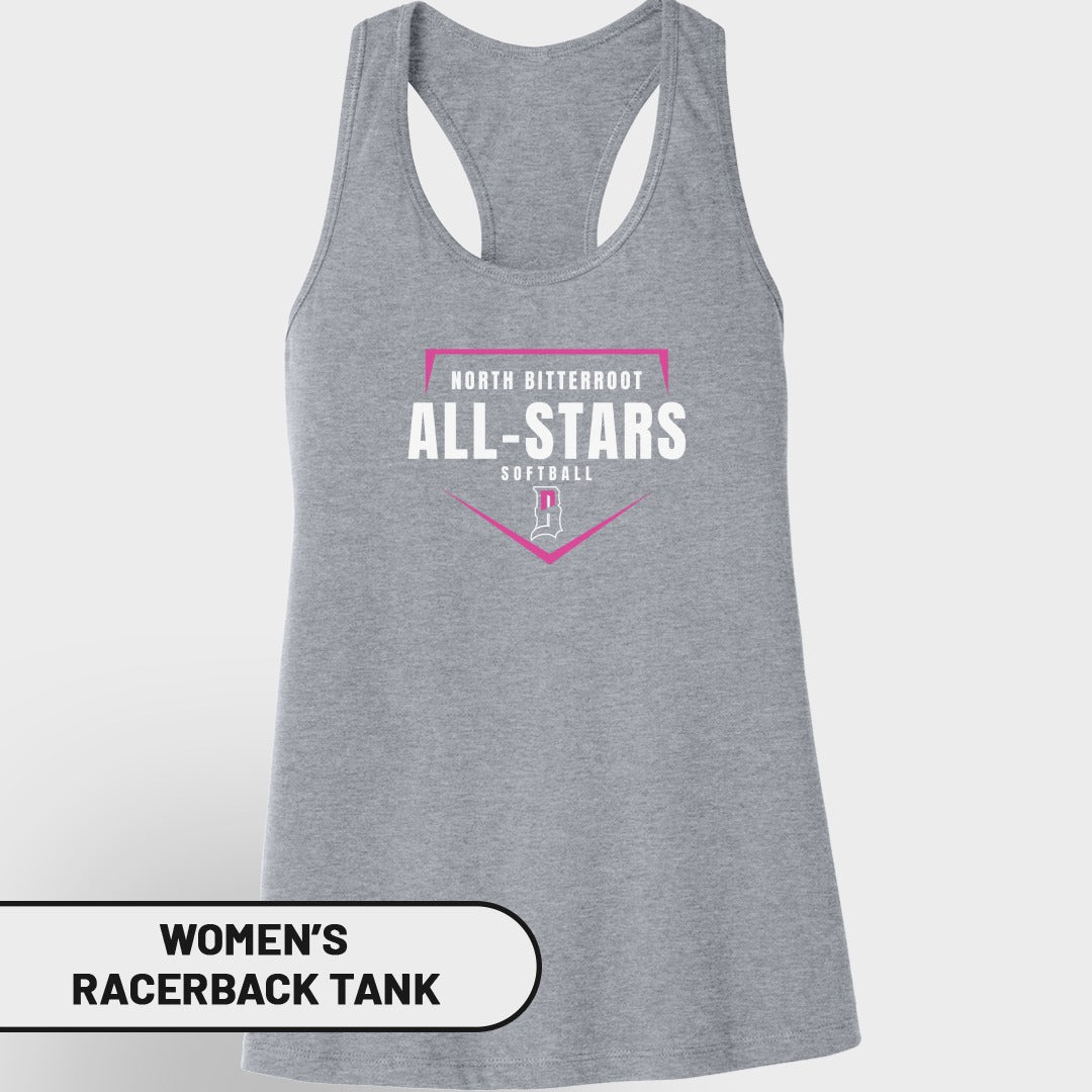 Grey women's racerback tank with "North Bitterroot All-Stars Softball" text and logo.