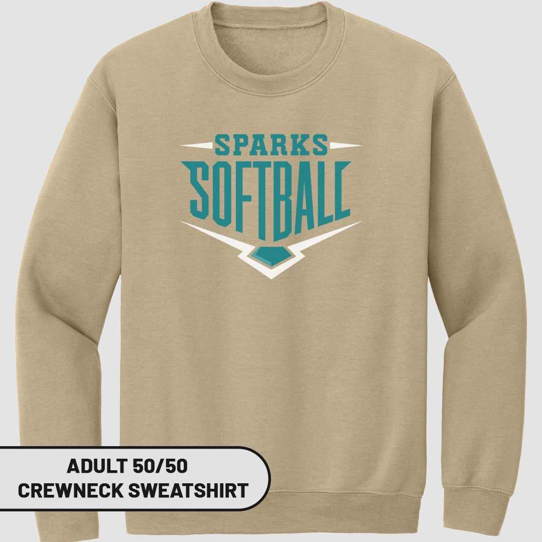 Tan crewneck sweatshirt with "SPARKS SOFTBALL" graphic and "ADULT 50/50 CREWNECK SWEATSHIRT" text.