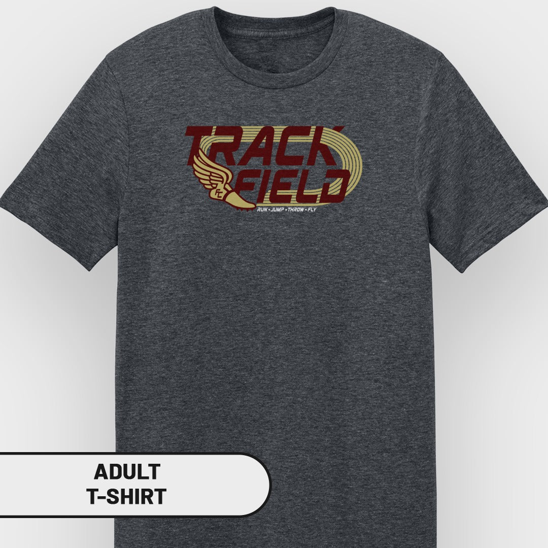 Dark gray adult t-shirt with "Track Field" text and athletic wing logo.