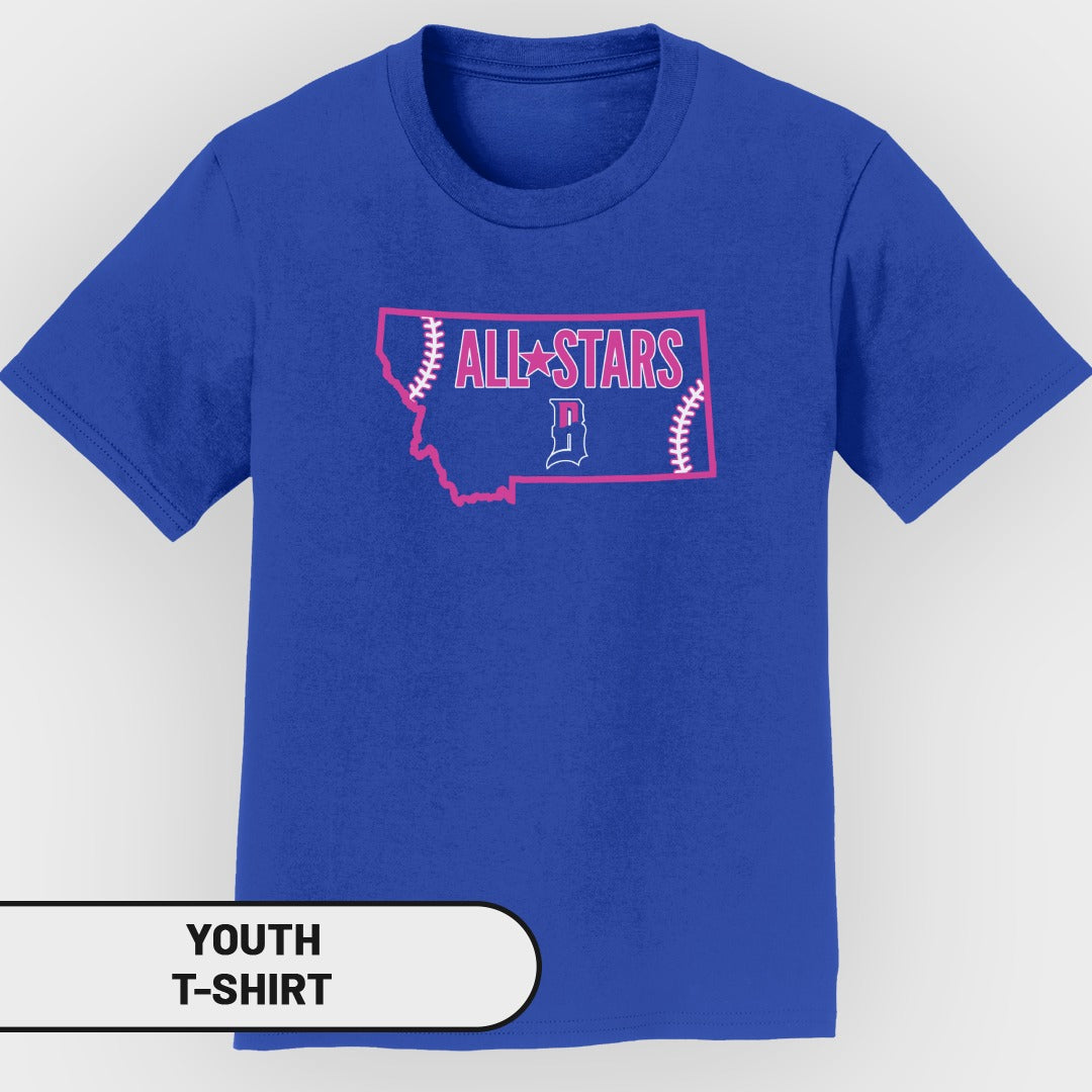 Youth t-shirt with Montana outline filled with "All Stars" and baseball stitching.