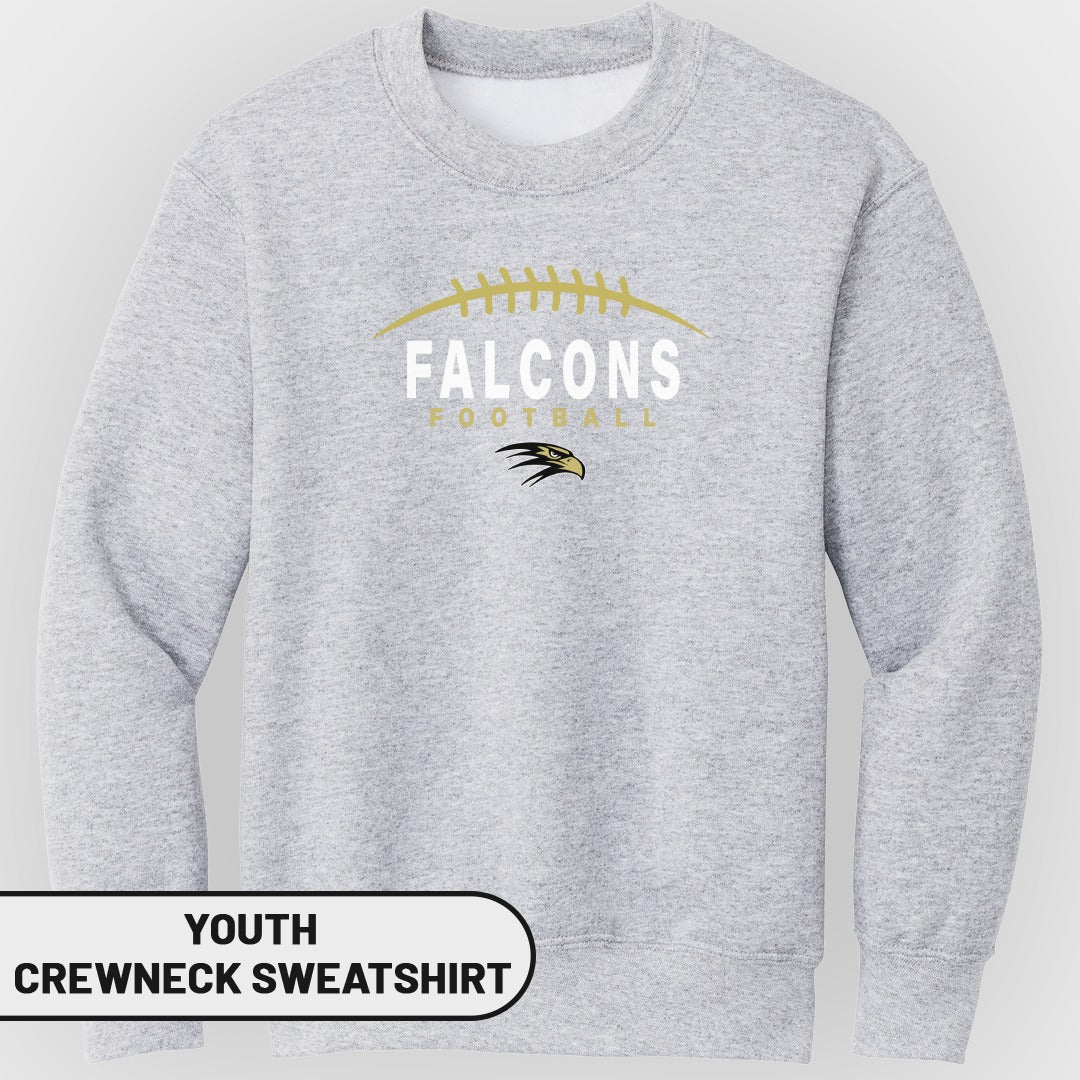 Grey youth crewneck sweatshirt with "FALCONS FOOTBALL" and falcon logo.