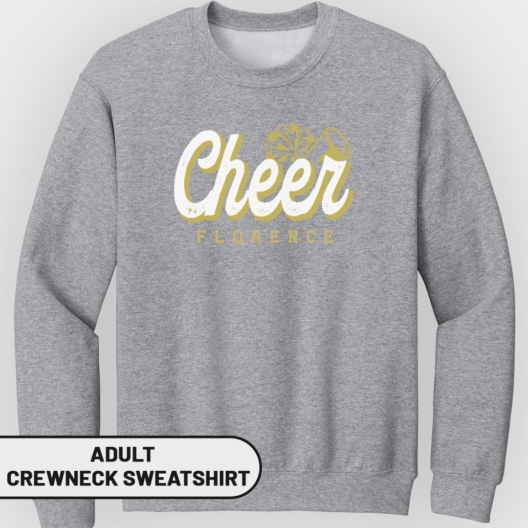 Adult crewneck sweatshirt with "Cheer Florence" graphic and pom-poms.