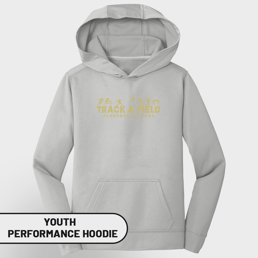 Light gray youth performance hoodie with "Track & Field Florence Falcons" gold text and icons.