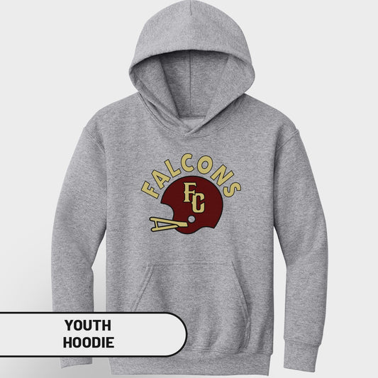 Grey youth hoodie with a maroon and gold Falcons FC helmet graphic.