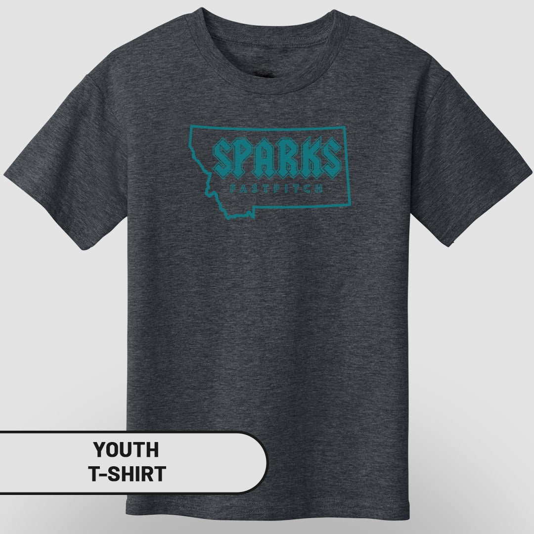 Dark grey youth t-shirt with Montana outline and "SPARKS" text.
