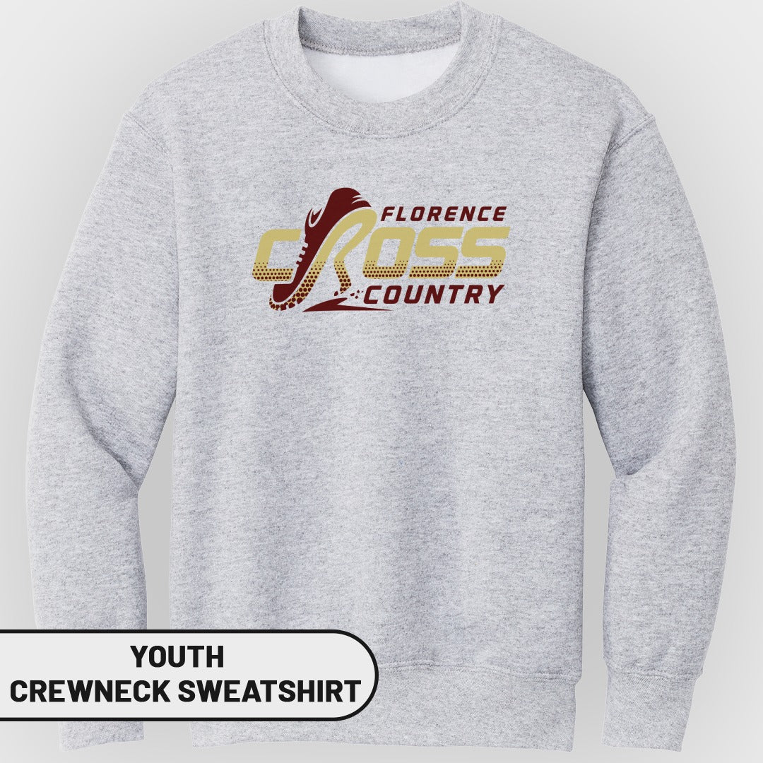 Light grey youth crewneck sweatshirt with "Florence Cross Country" logo.
