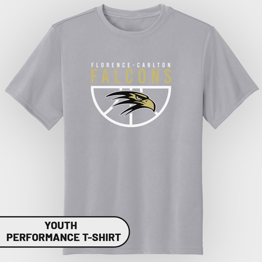 Youth grey performance t-shirt with "Florence-Carlton Falcons" text and eagle logo.