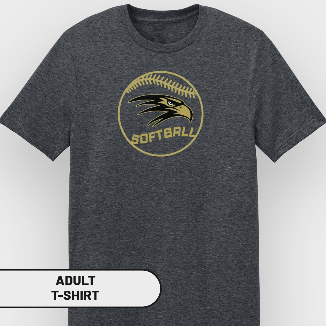 Dark gray adult t-shirt with golden softball and eagle graphic.