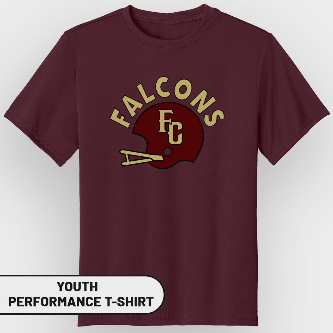 Maroon youth performance t-shirt with "FALCONS FC" and football helmet graphic.