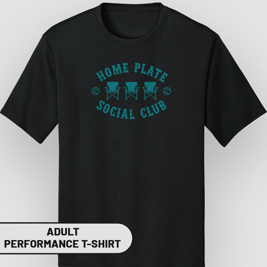 Black adult performance t-shirt with "HOME PLATE SOCIAL CLUB" text and chairs graphic.