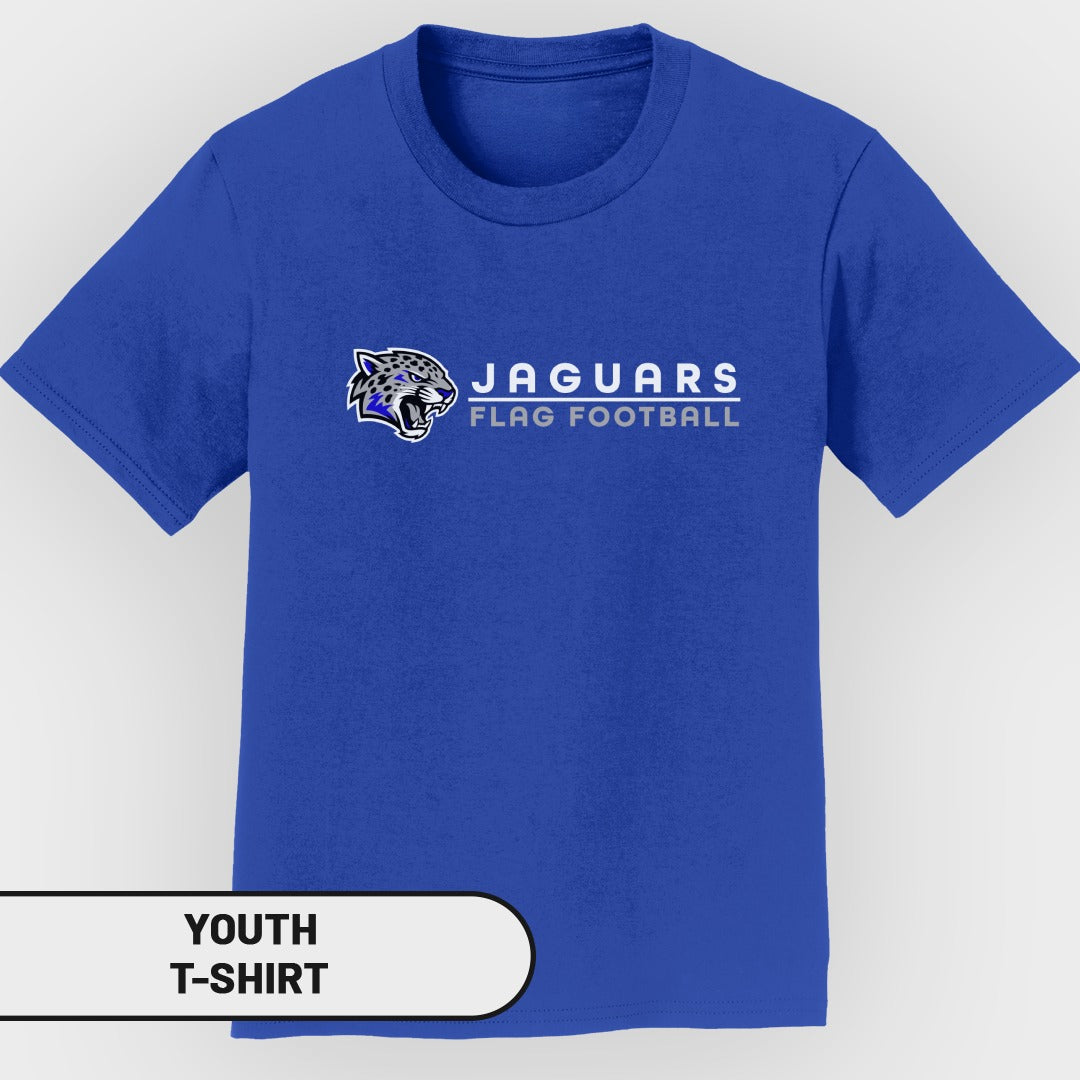 Youth royal blue t-shirt with "Jaguars Flag Football" text and jaguar logo.