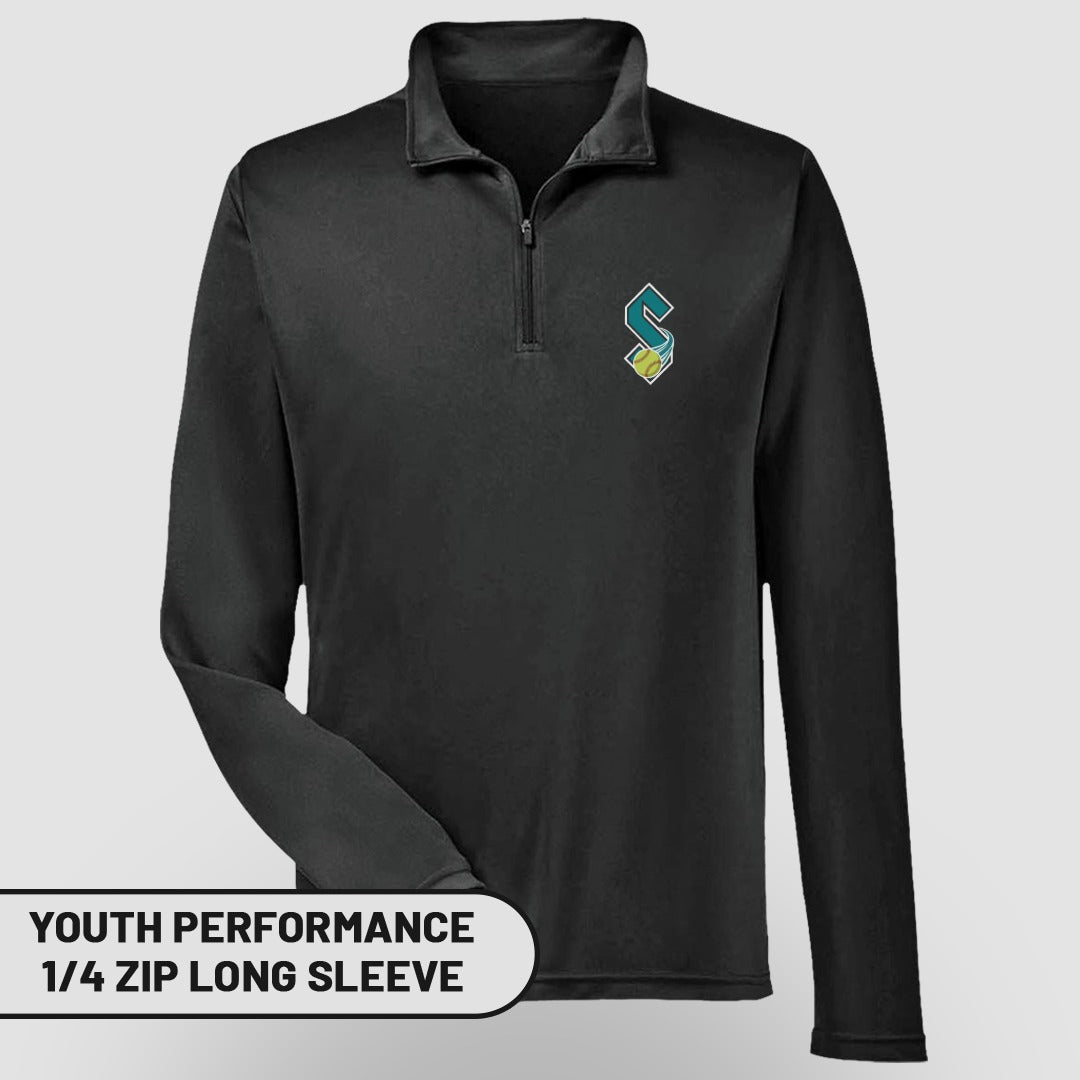 Black youth performance 1/4 zip long sleeve with logo.