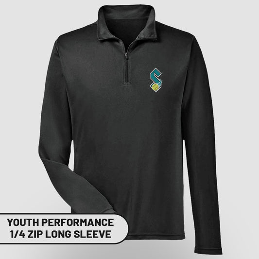 Black youth performance 1/4 zip long sleeve with logo.
