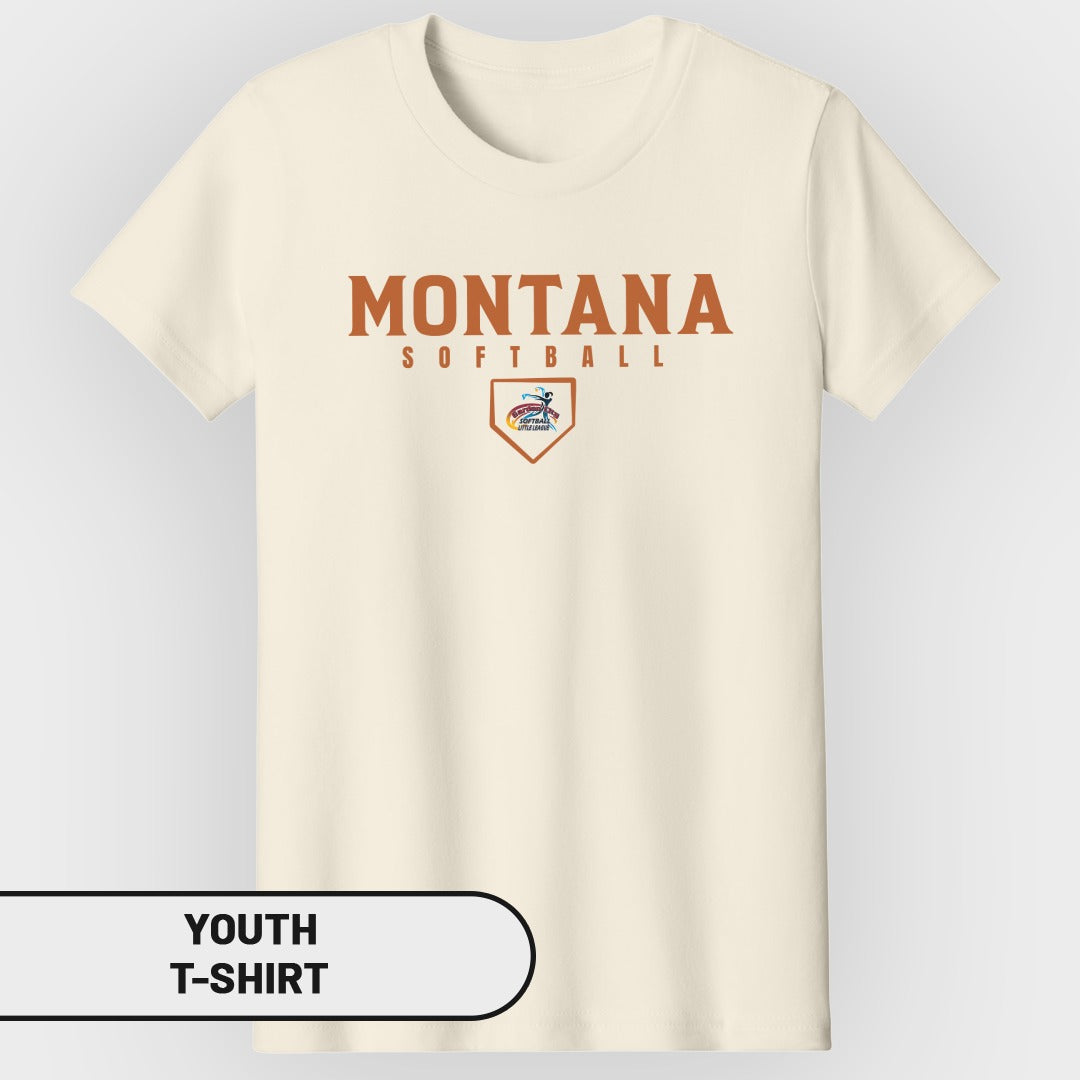 Cream youth t-shirt with "MONTANA SOFTBALL" and a Little League logo.