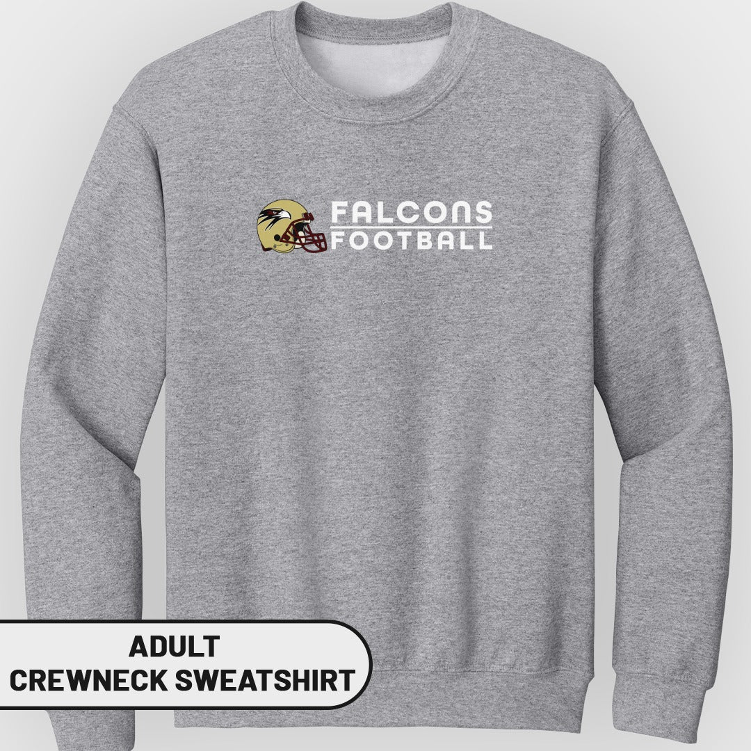 Grey adult crewneck sweatshirt with white "FALCONS FOOTBALL" text and a football helmet graphic.