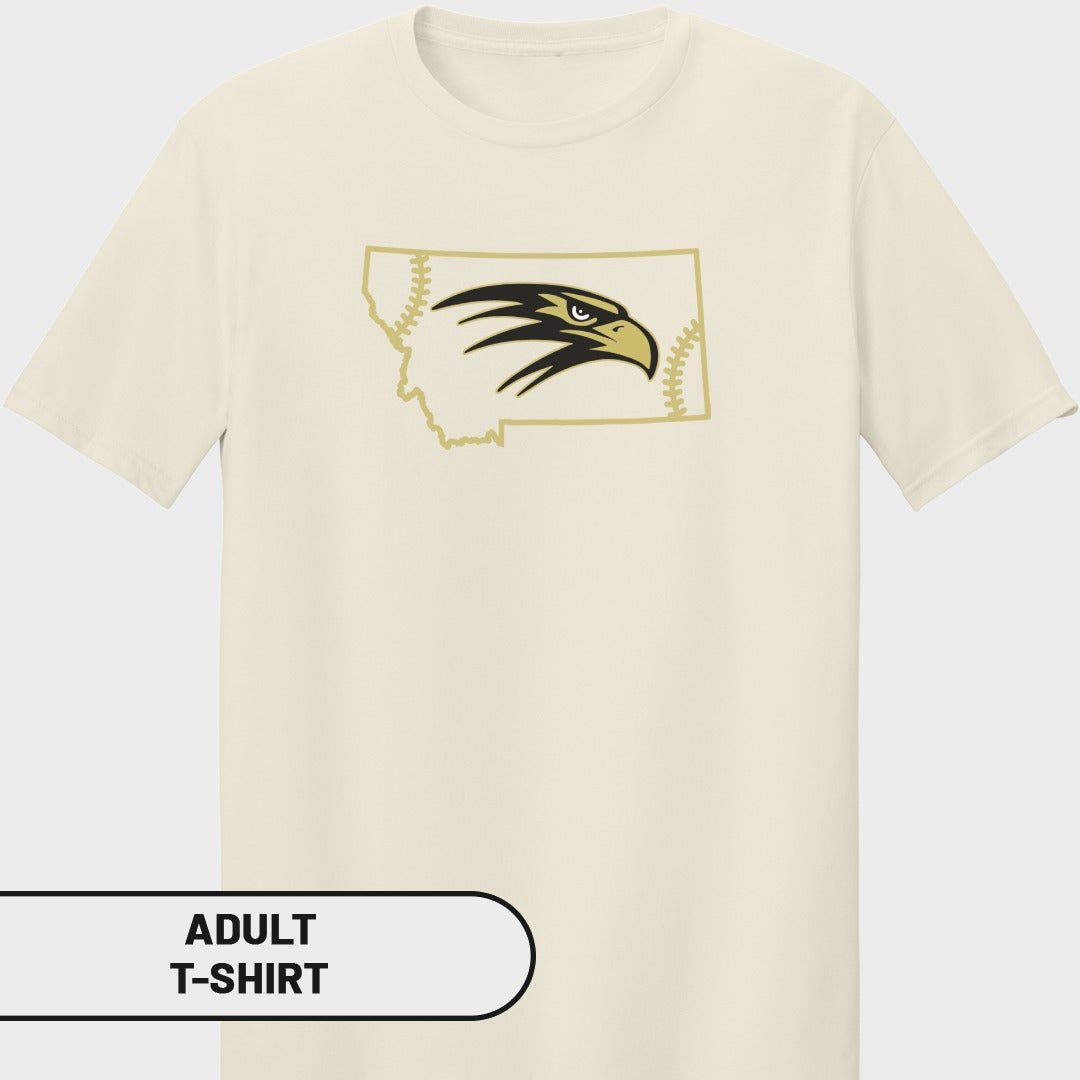 Cream t-shirt with Montana outline featuring a hawk and baseball stitches.