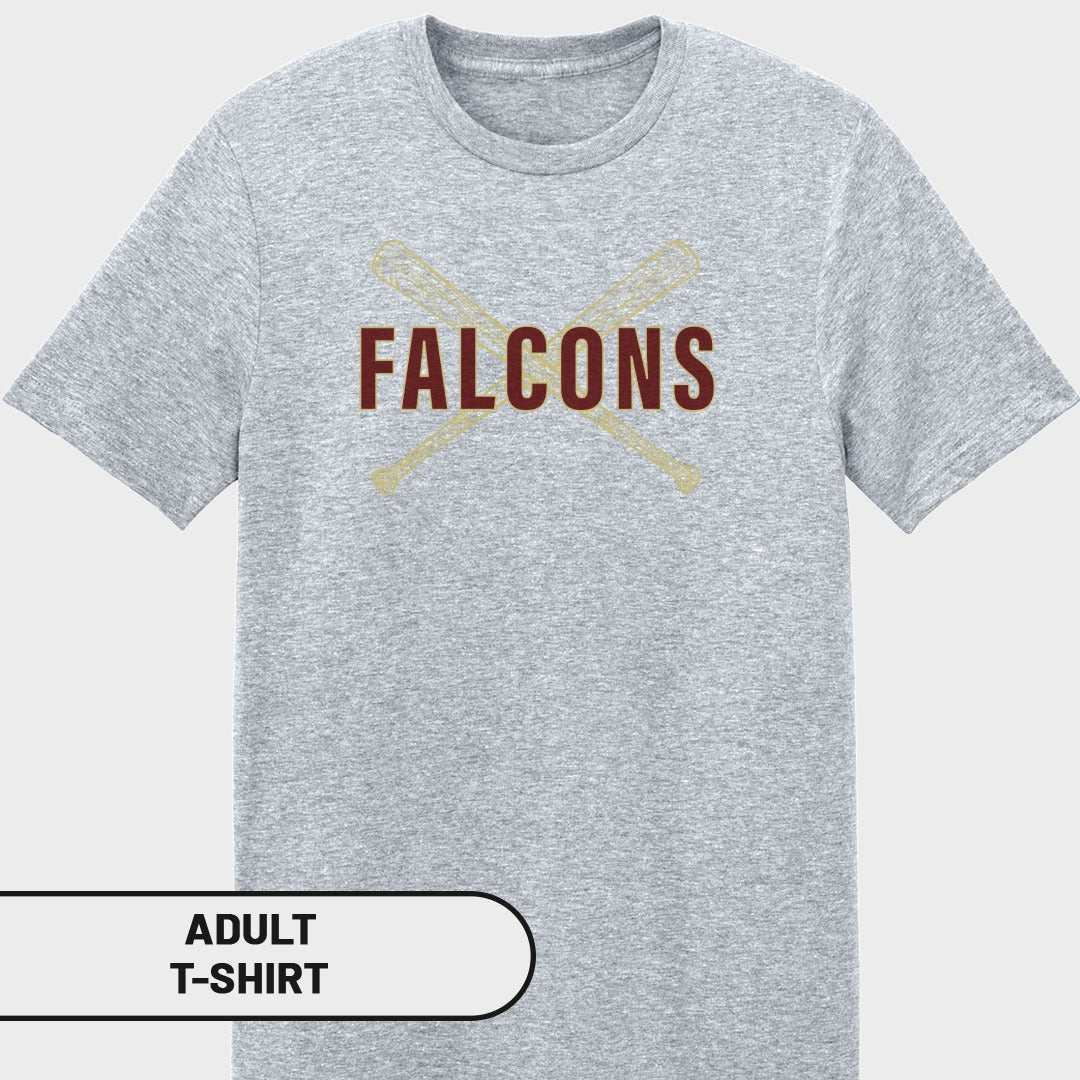 Grey adult t-shirt with crossed baseball bats and "FALCONS" text.